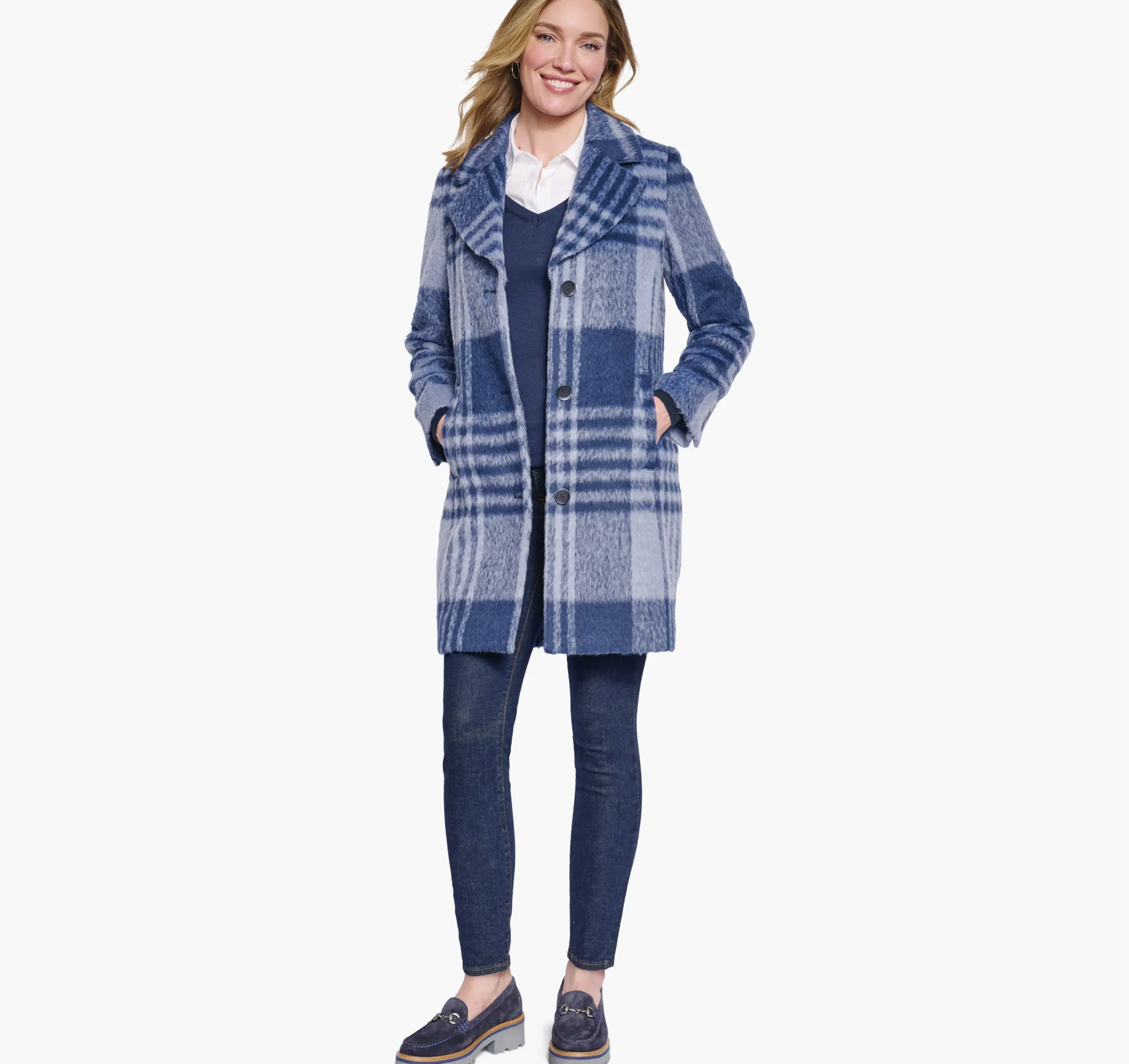 Coats, Jackets & Vests^Johnston & Murphy Brushed Plaid Coat Blue/Navy