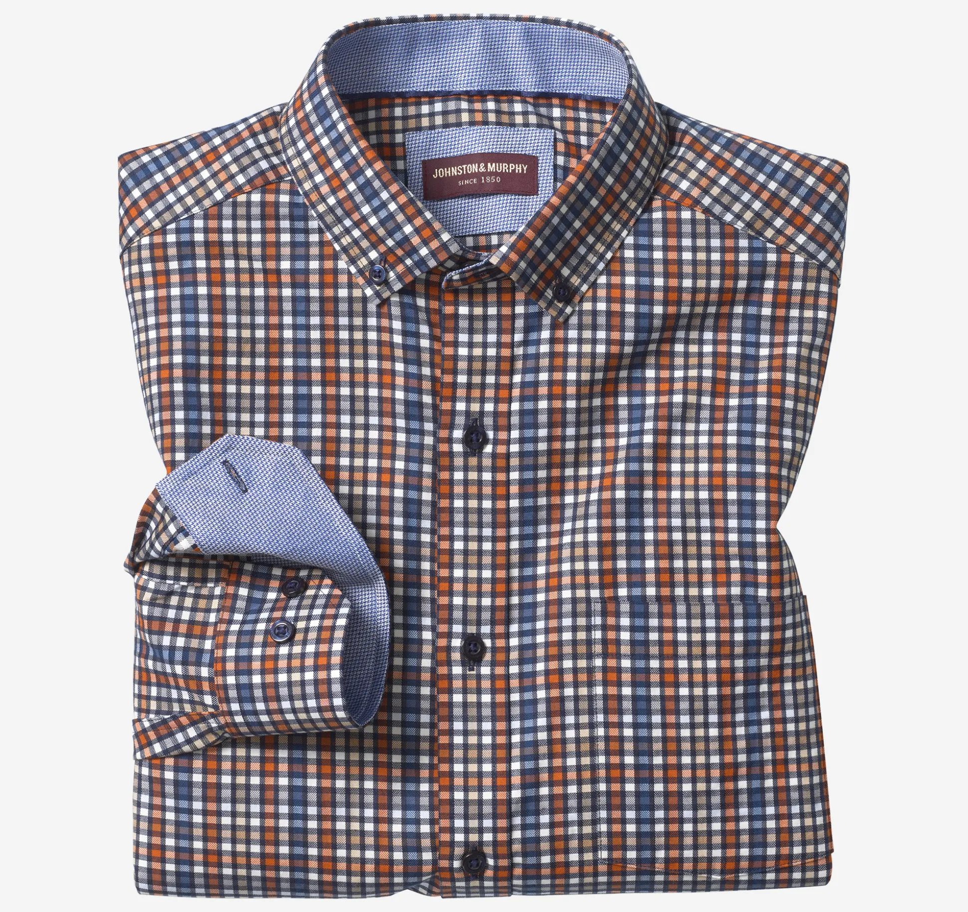 Shirts^Johnston & Murphy Long-Sleeve Twill Checked Shirt Rust/BlueOutlinedCheck