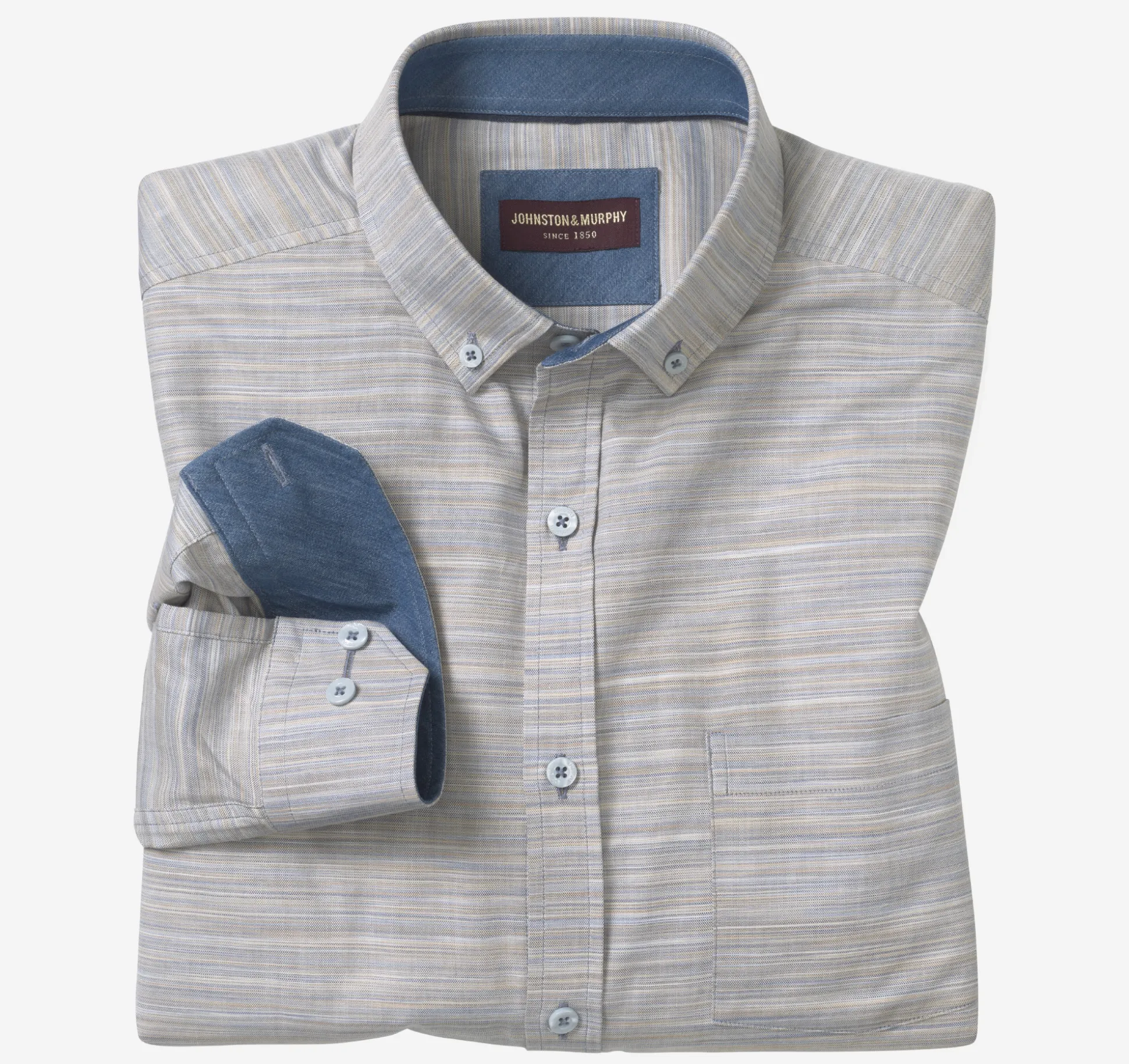 Shirts^Johnston & Murphy Long-Sleeve Twill Checked Shirt Blue/TanStriatedOxford