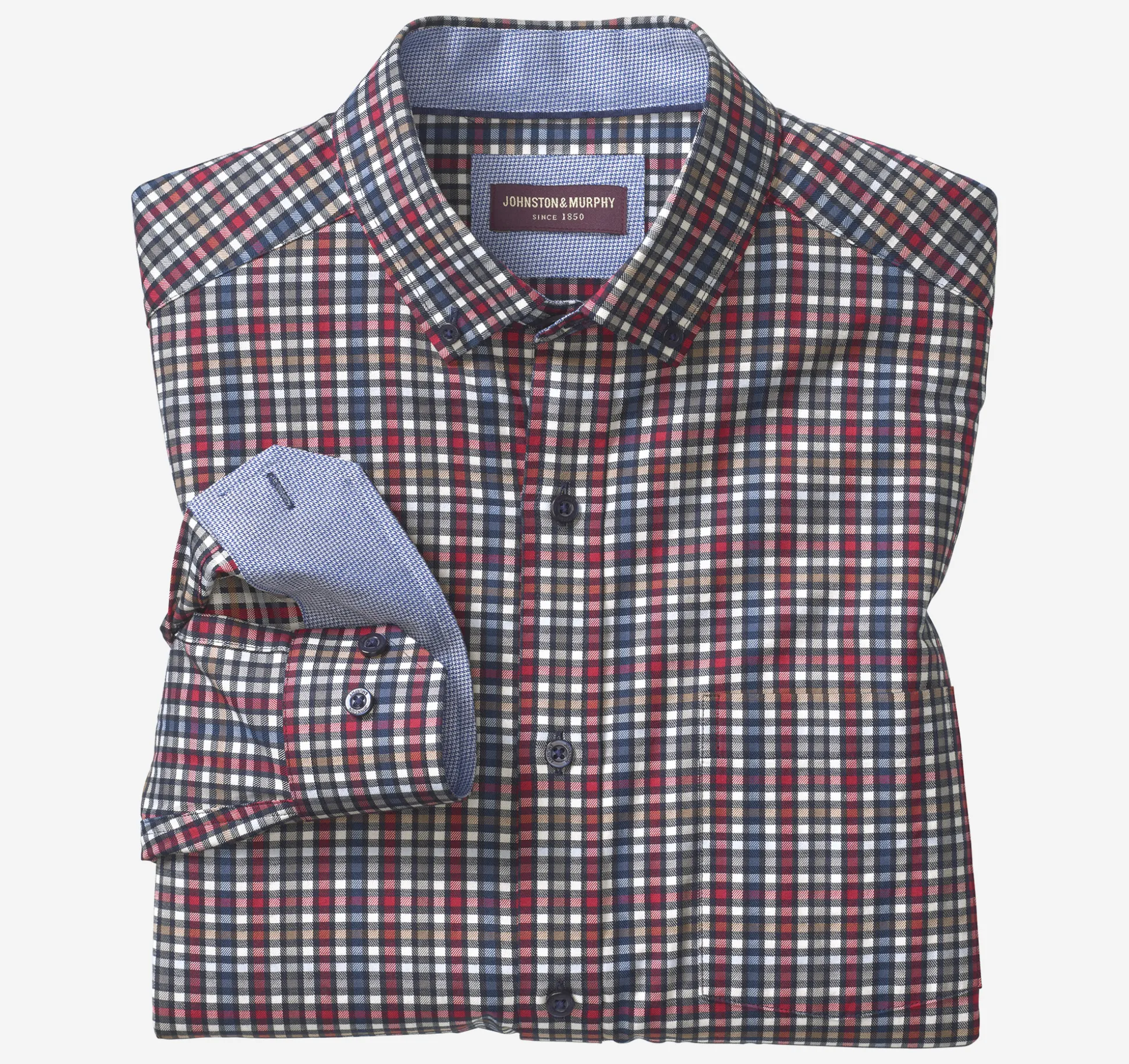 Shirts^Johnston & Murphy Long-Sleeve Twill Checked Shirt Berry/BlueOutlinedCheck