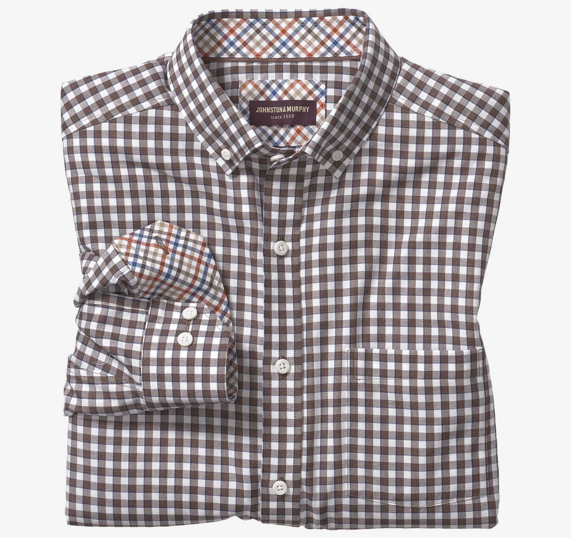 Shirts^Johnston & Murphy Long-Sleeve Twill Checked Shirt BrownBorderGingham