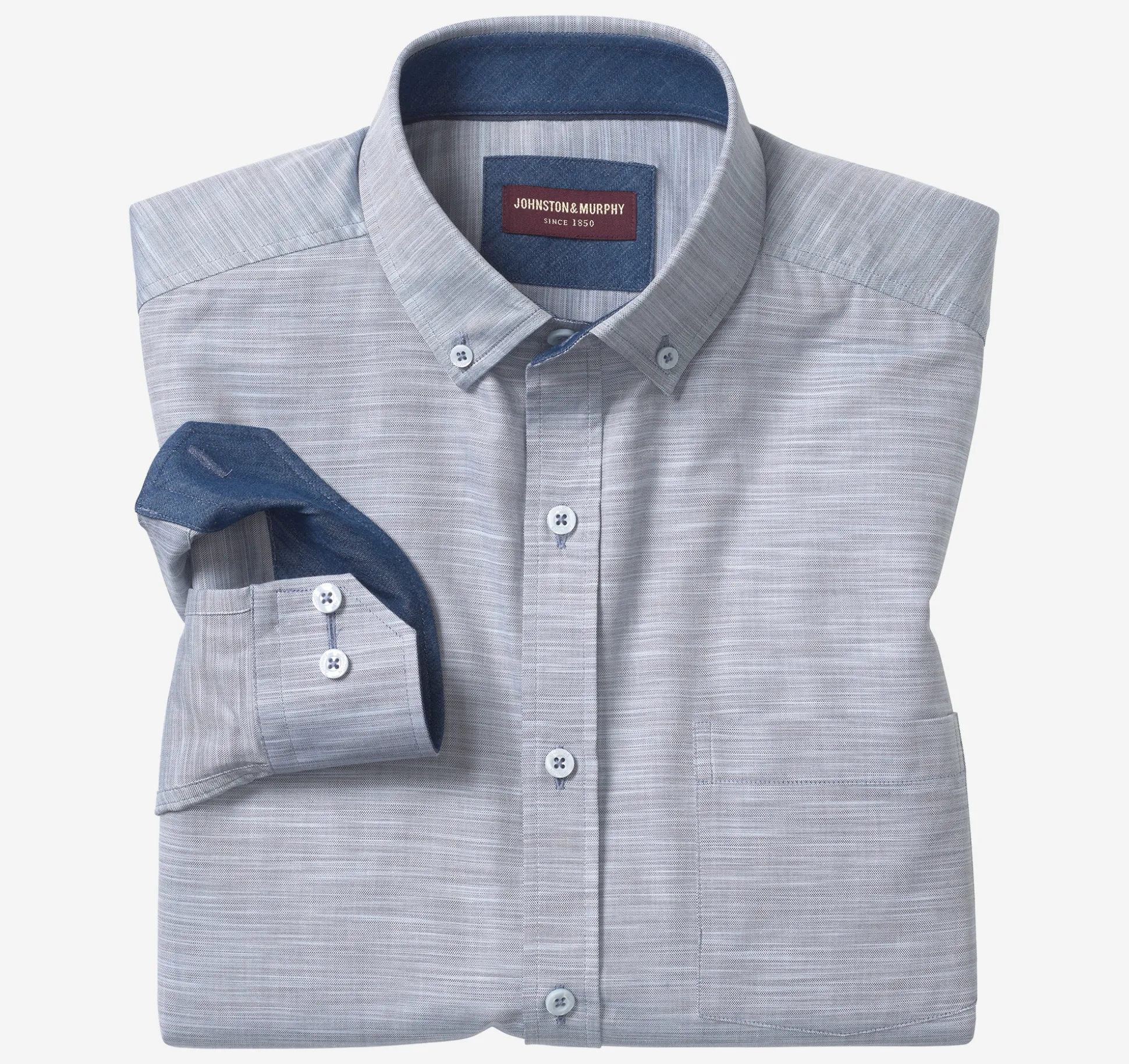 Shirts^Johnston & Murphy Long-Sleeve Twill Checked Shirt Blue/GrayStriatedOxford