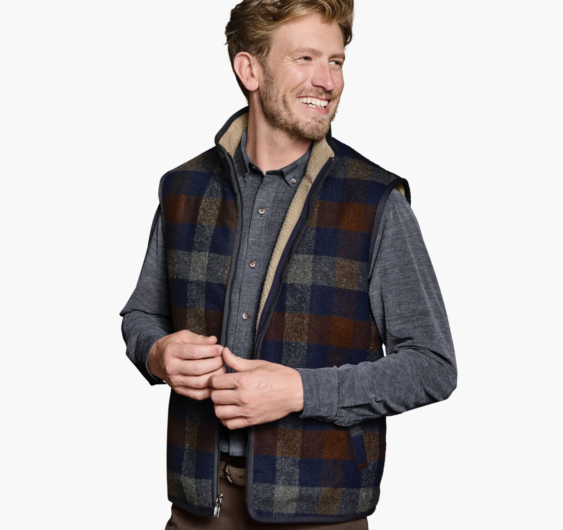 Coats, Jackets & Vests^Johnston & Murphy Plaid Sherpa-Lined Vest NavyMulti