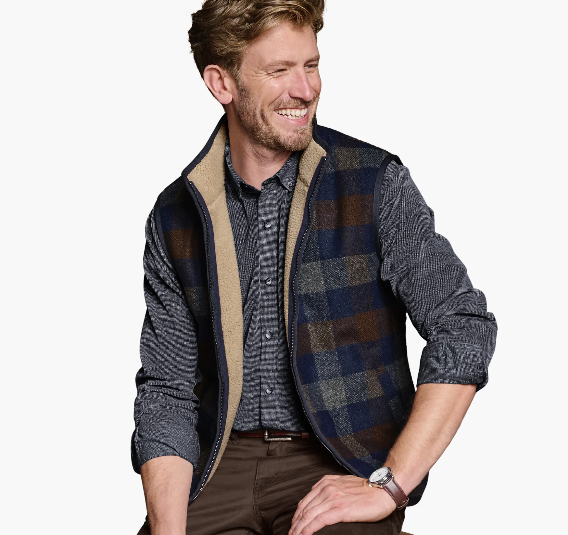 Coats, Jackets & Vests^Johnston & Murphy Plaid Sherpa-Lined Vest NavyMulti