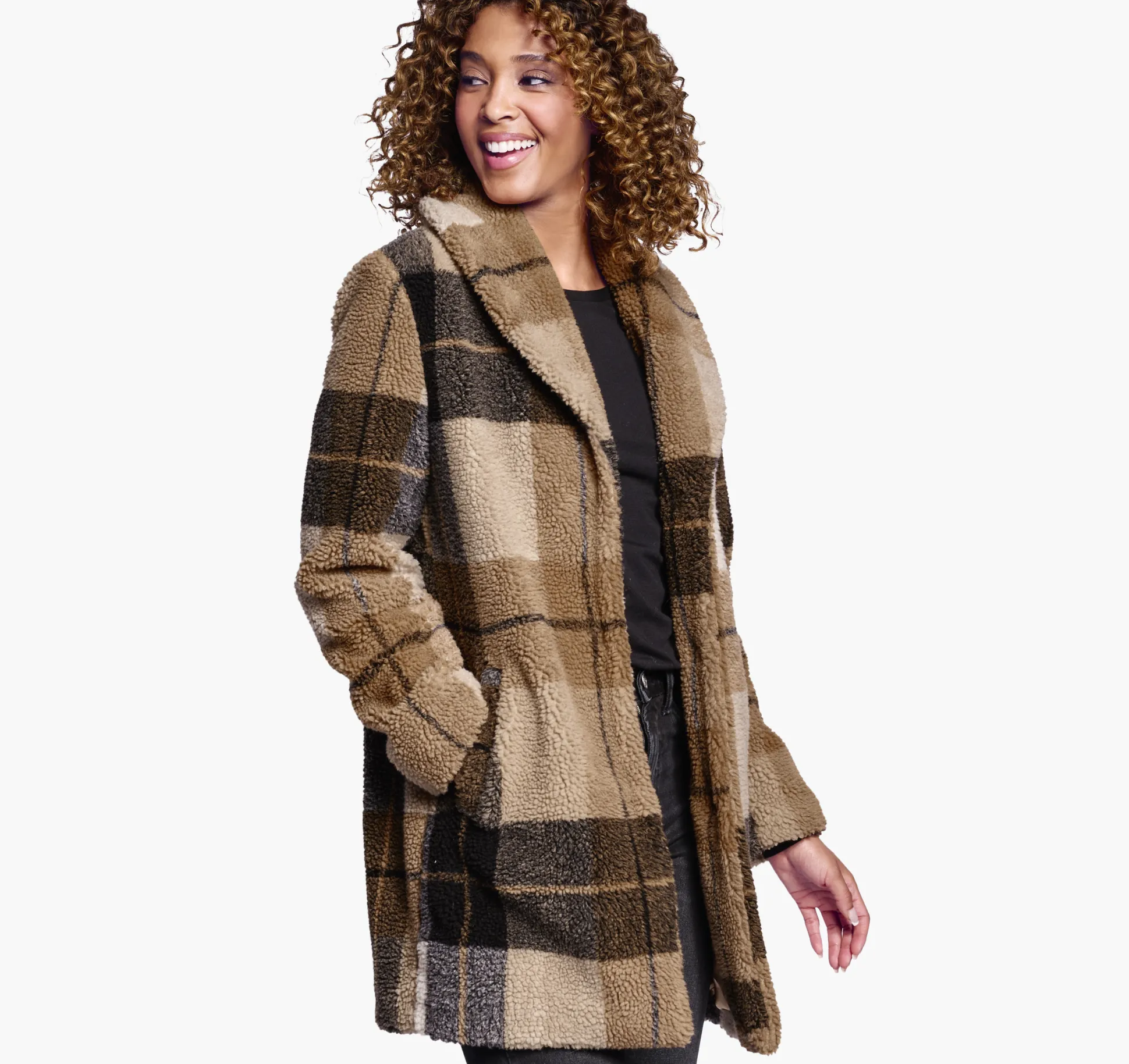 Coats, Jackets & Vests^Johnston & Murphy Plaid Teddy Coat Brown/Black