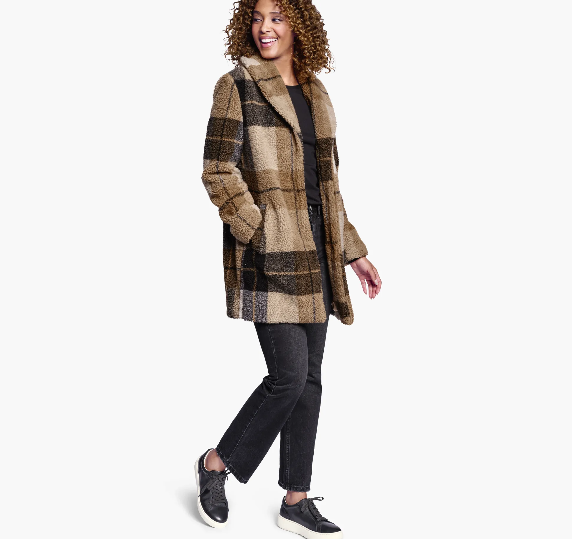 Coats, Jackets & Vests^Johnston & Murphy Plaid Teddy Coat Brown/Black