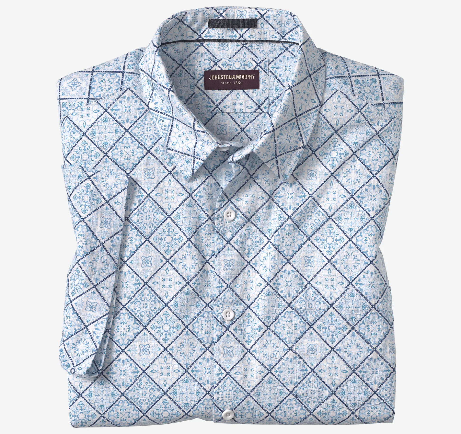Short-sleeve Shirts^Johnston & Murphy Print Camp Shirt Blue/WhiteMosaic