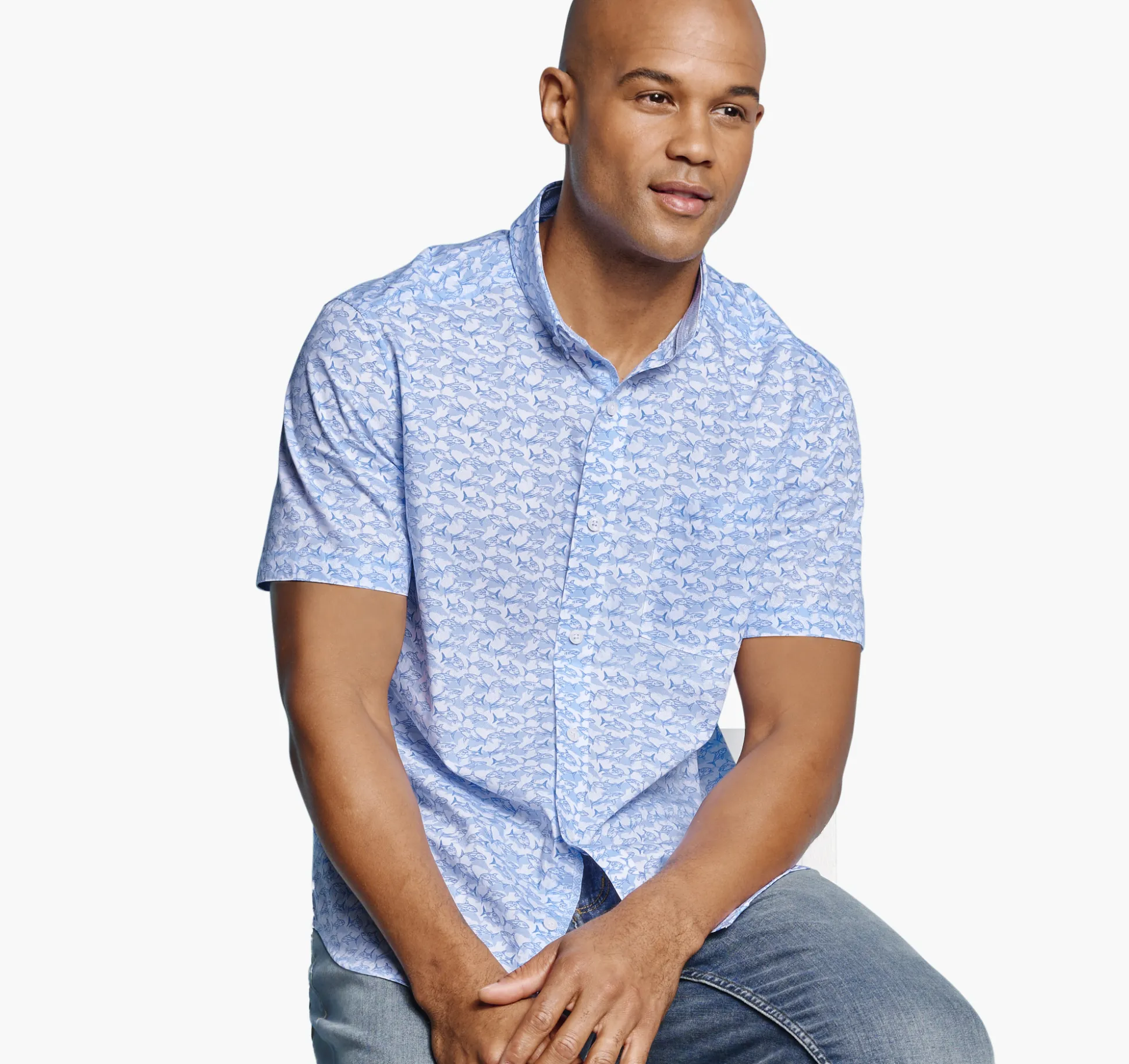 Short-sleeve Shirts^Johnston & Murphy Printed Cotton Short-Sleeve Shirt White/BlueShadowShark