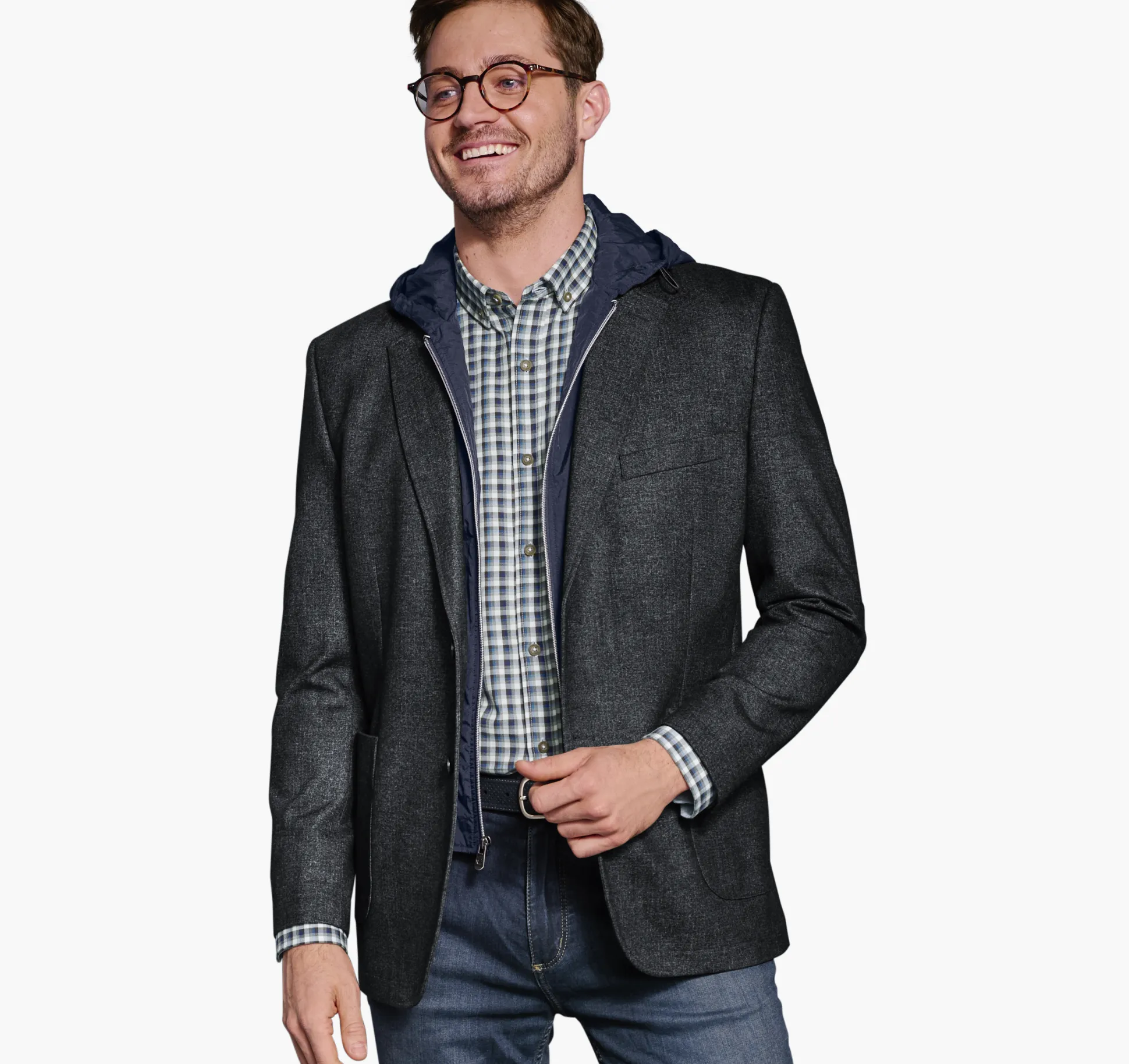 Blazers^Johnston & Murphy Removable Hooded/Bib Knit Blazer Charcoal/Navy