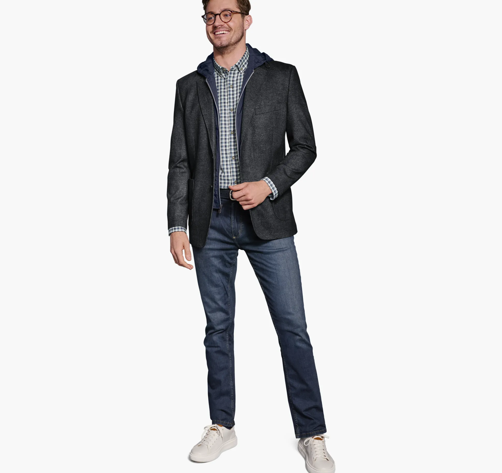 Blazers^Johnston & Murphy Removable Hooded/Bib Knit Blazer Charcoal/Navy