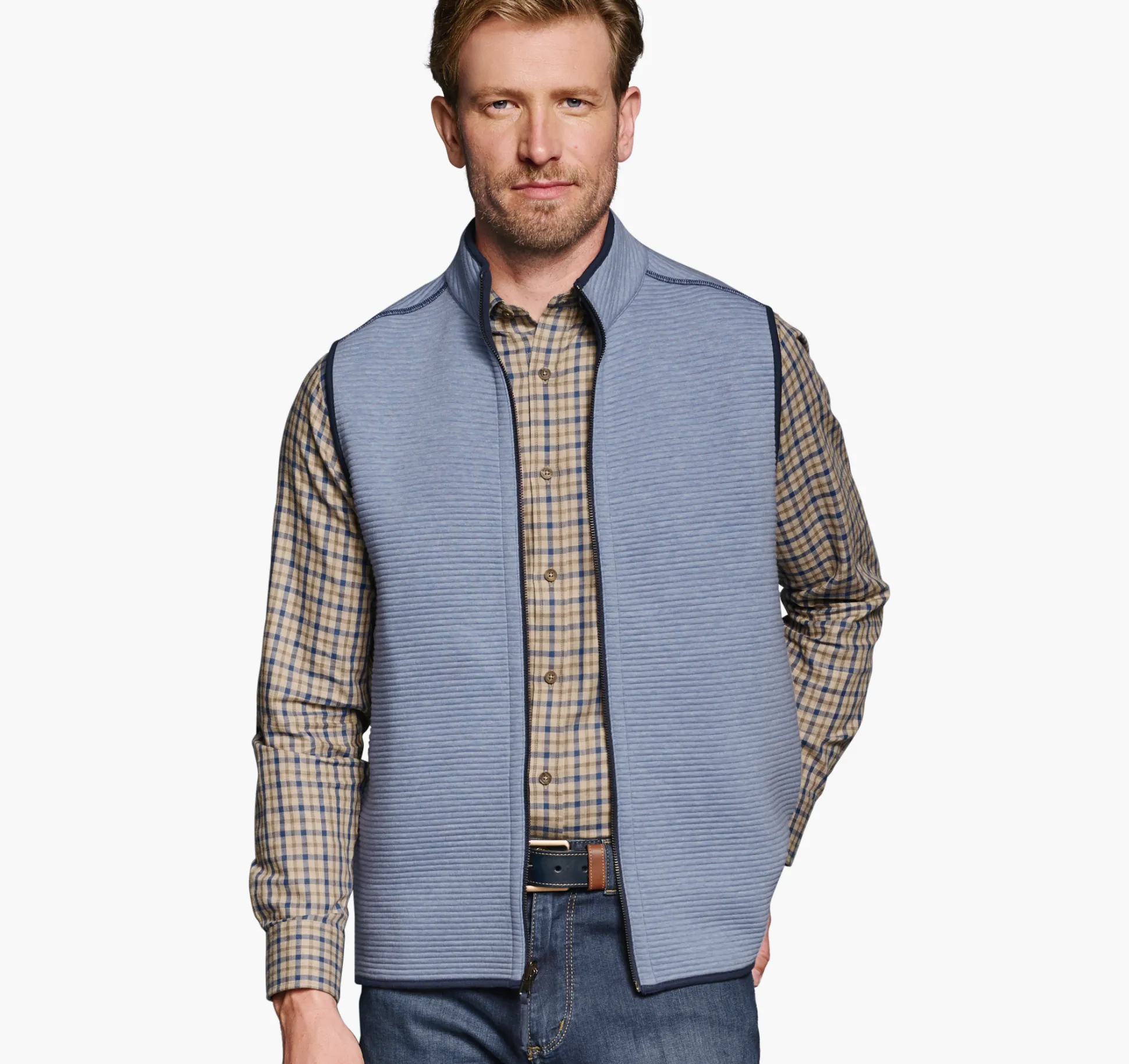 Coats, Jackets & Vests^Johnston & Murphy Reversible Channel Quilted Vest LightBlueHeather/Navy