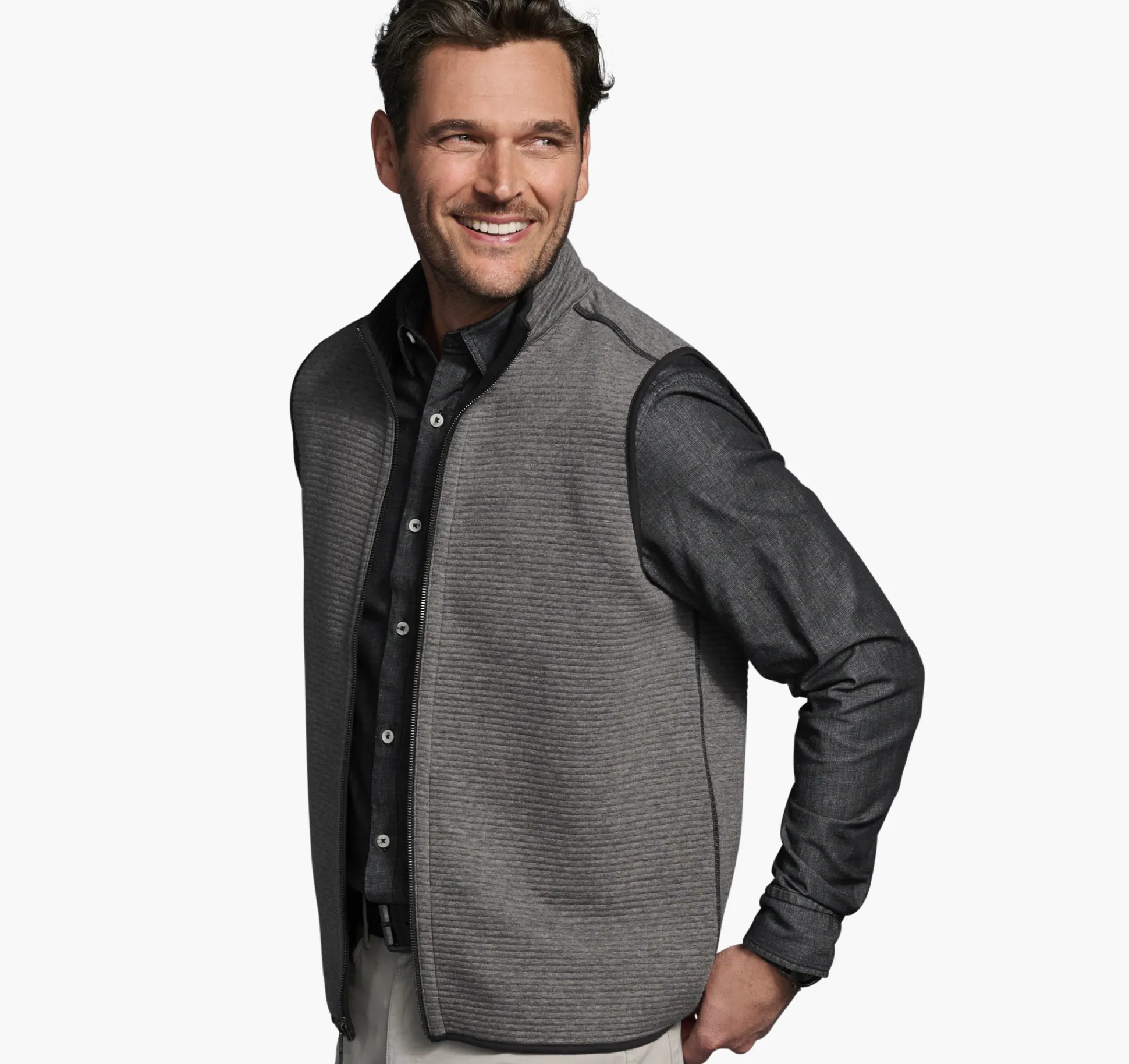 Coats, Jackets & Vests^Johnston & Murphy Reversible Channel Quilted Vest GrayHeather/Black