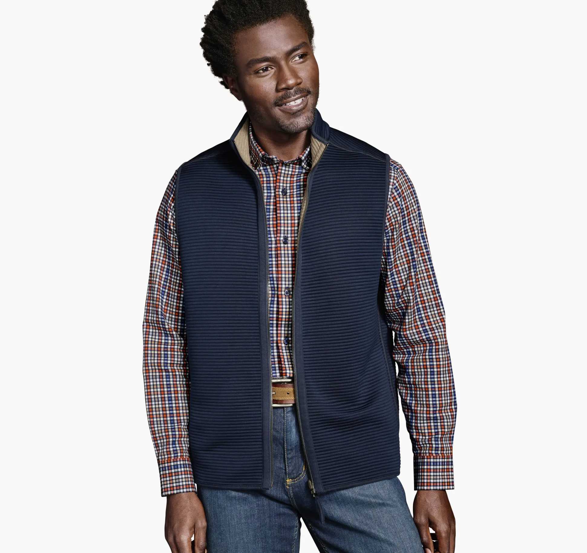Coats, Jackets & Vests^Johnston & Murphy Reversible Channel Quilted Vest BrownHeather/Navy