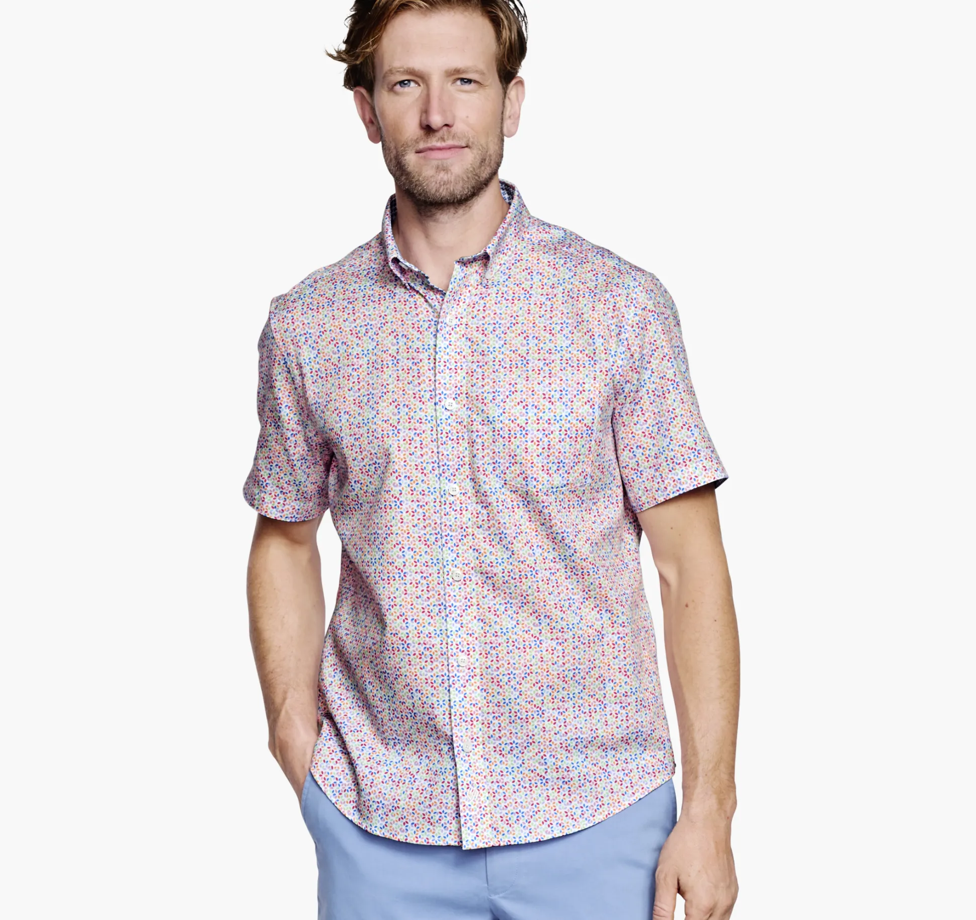 Short-sleeve Shirts^Johnston & Murphy Textured Cotton Short-Sleeve Shirt WhiteMultiGeoPetal