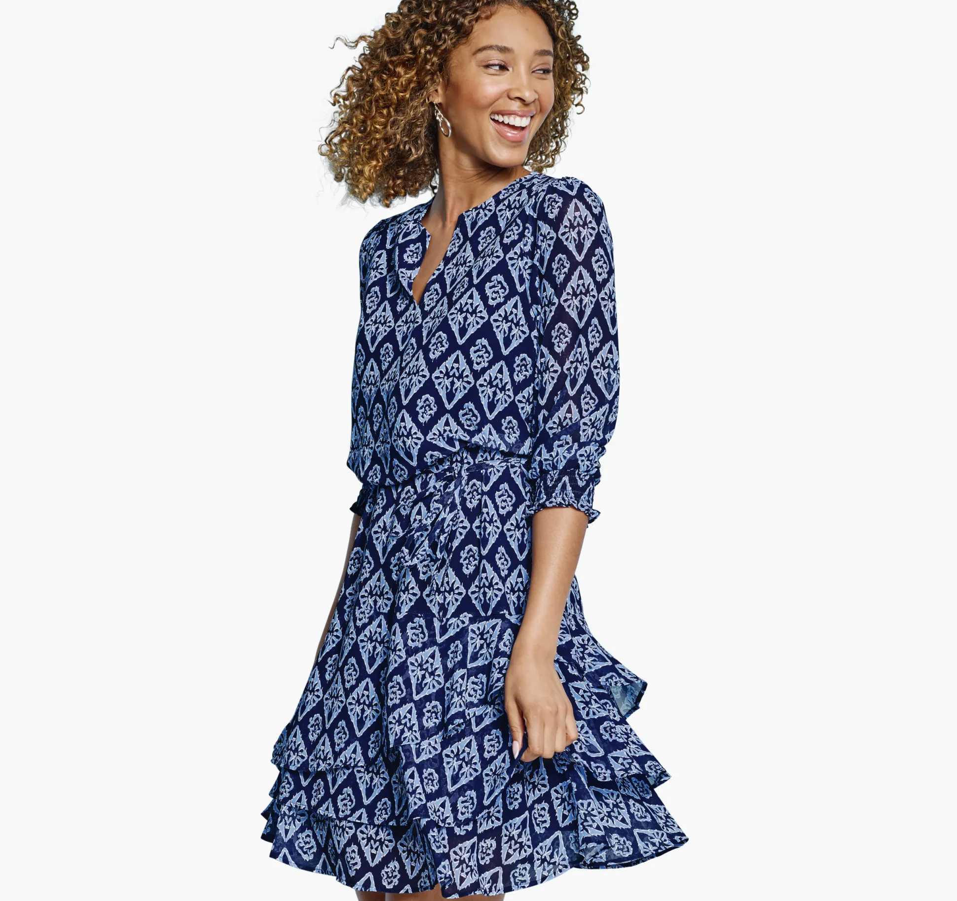 Dresses & Jumpsuits^Johnston & Murphy Tiered V-Neck Print Dress NavyIkat