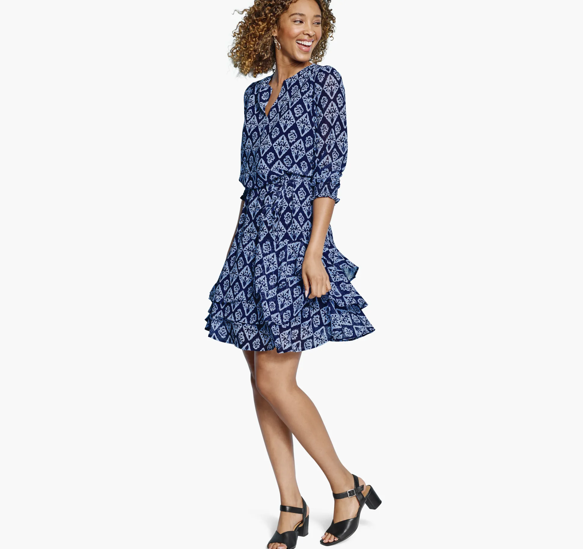 Dresses & Jumpsuits^Johnston & Murphy Tiered V-Neck Print Dress NavyIkat